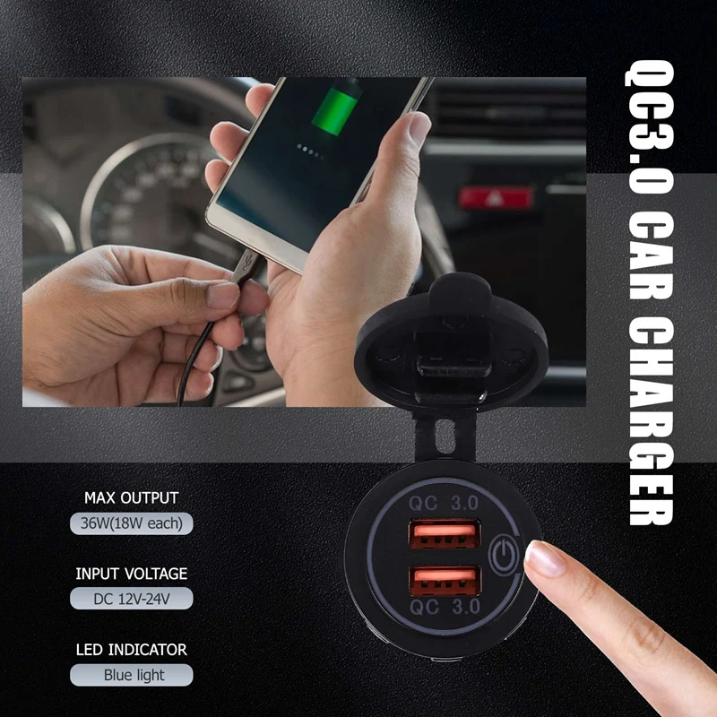 Quick Charge 3.0 Dual USB Car Charger 12V 36W USB Fast Charger With Switch For Boat Motorcycle Truck Golf Cart