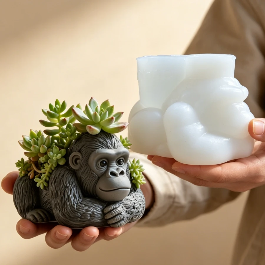 Moule en silicone pour pot de fleurs en résine, motif gorille couché, boîte de rangement mignonne en forme de gorille, moule à bougie, moules en plâtre, cadeau de Noël