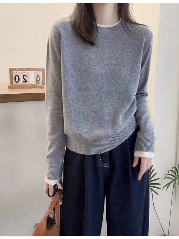 

Новый 100% кашемировый круглый вырез ранней осени, два свитера, свободная повседневная трикотажная рубашка с коротким низом.