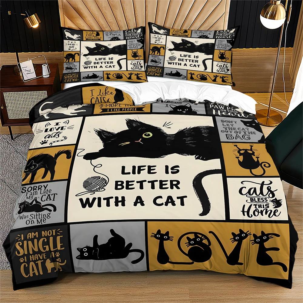 Life Is Better With A Cat Duvet Cover Set Vintage Lover Black Cat Quote Patchwork Bedding Set Twin / Full / Queen / King Size