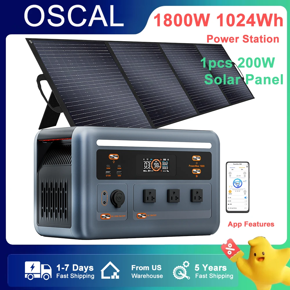 

Портативная электростанция OSCAL Powermax 1800, аккумулятор LiFePO4 для кемпинга, 1024 Втч, 1800 Вт, розетки переменного тока, солнечный генератор с солнечной панелью 200 Вт