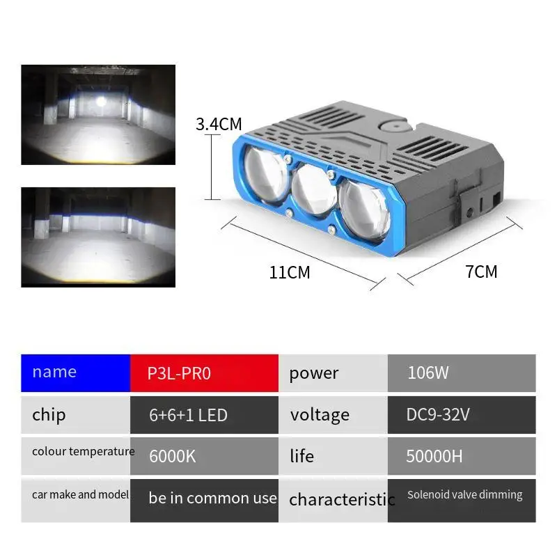 Universal 3 Eye Grille LED Light 12V 106W 6000K 15000Lm Spot Light with Solenoid Dimming for Car Bike
