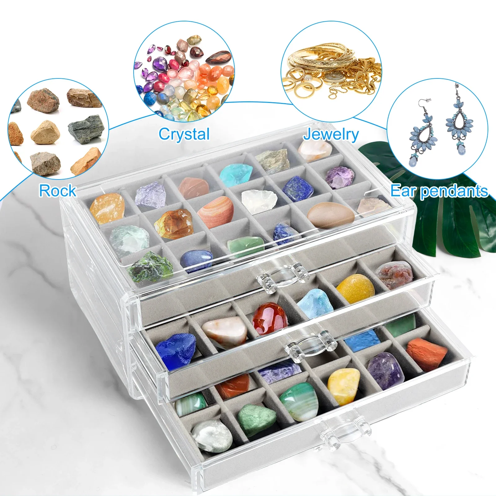 Rock Display Case 54 Grid Rock Collection Box 3 Drawers Rock Collections Storage Acrylic Clear Crystals Display Organizer