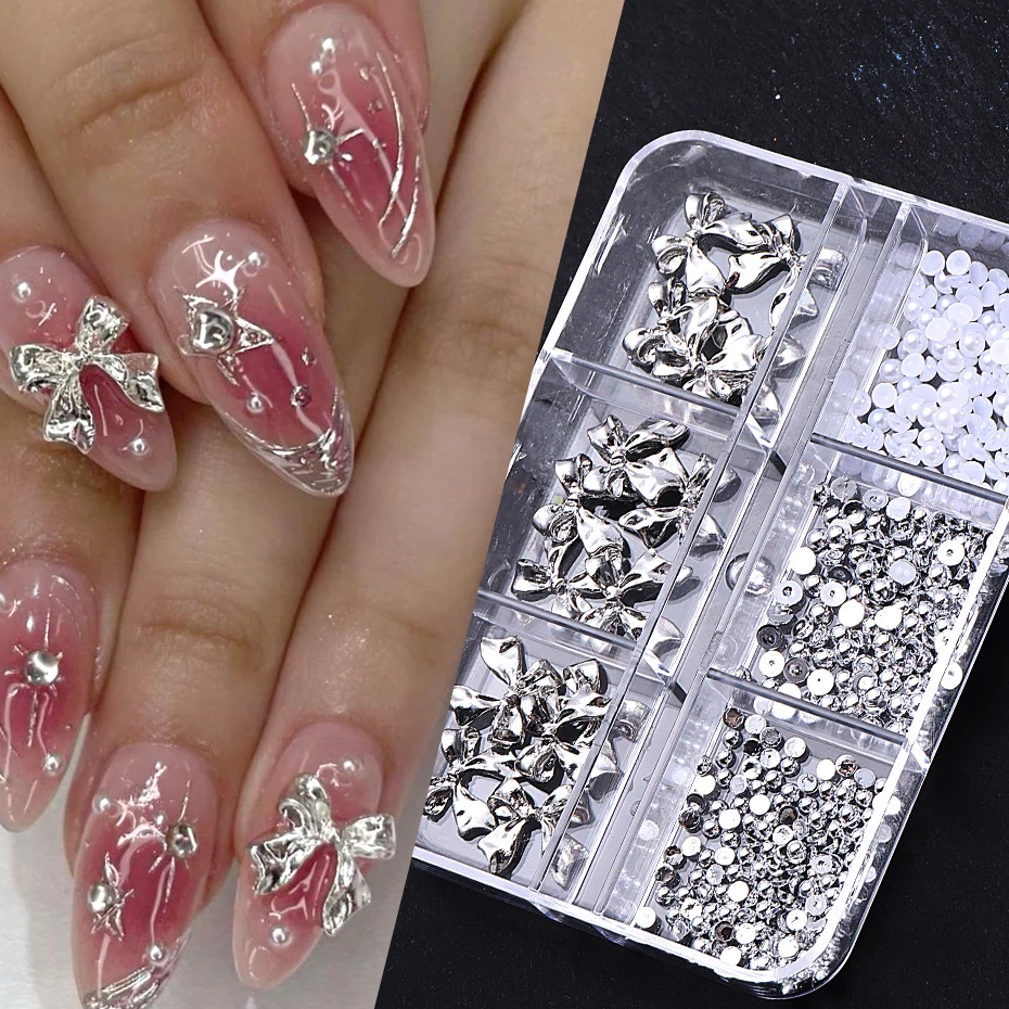 Nail Art Decoration for Manucure, 6 Grids, Y2K Mirror Bow, Metallic Silver Ruban, Bowvétérans t Pearl, Semi-comprendre, Flatback Beads, Jewelry Parts