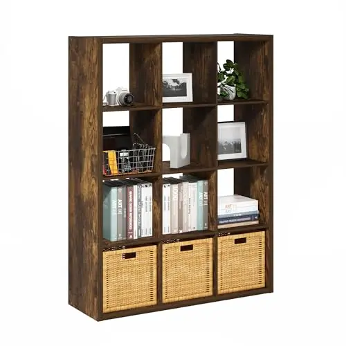 Cubicle Book Shelf, 12-Cube Bookshelf, Extra Thick Frame Reversible Bookcase with Open Back, 14.6