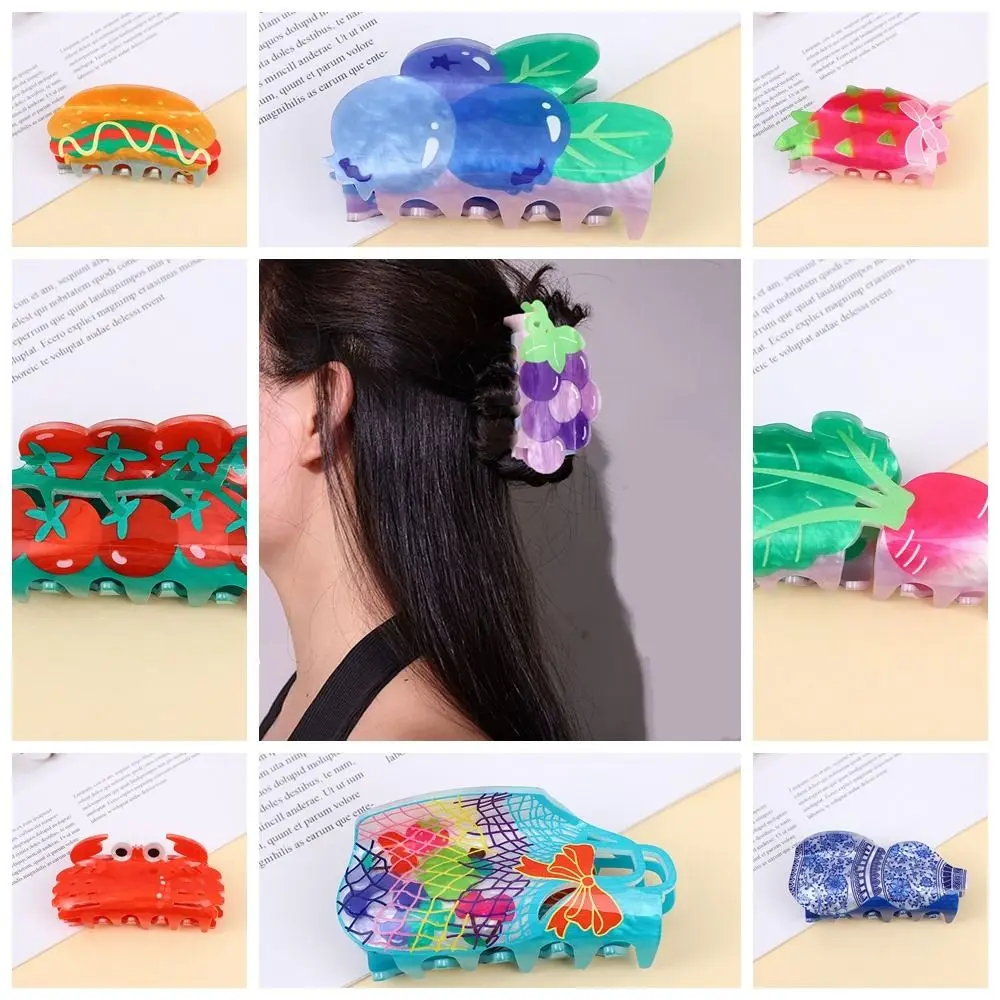 Sweet Acrylic Flower Hair Claw Grape Hamburg Fruit Hair Clip Tomato Geometry Simulated Food Shark Clip Girls