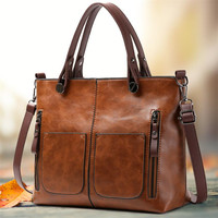 Retro Leather Handbag Shoulder Bag for Women with Double Pocket, Large Capacity, Vintage Lady's Tote Bag, Simple Crossbody Bags