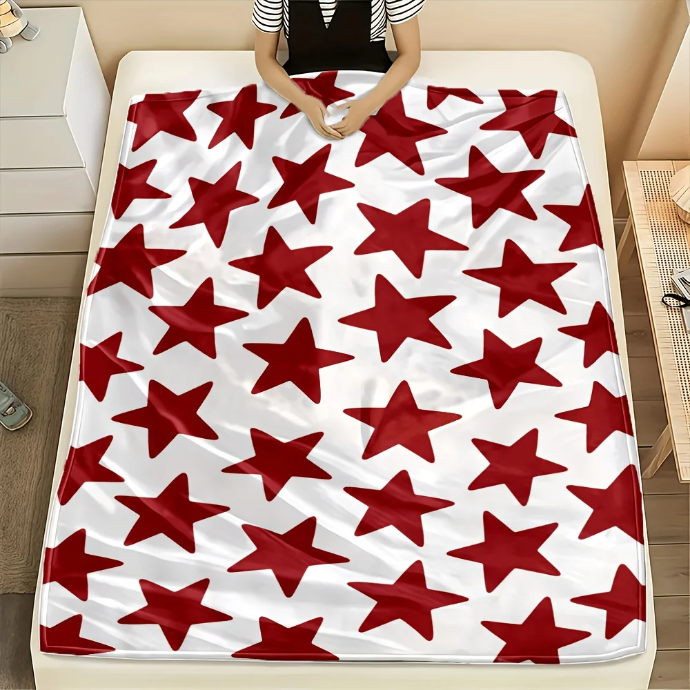 1pc Red Five Pointed Star Printed Flannel Blanket, Ultra Soft Cozy Premium Plush, All-Season Use, Machine Washable, Multi Sizes, 280GSM Heavyweight, for Bedroom, Sofa, Home Goods, AC Room, Winter Warm Cozy Throw Blanket, Classic Versatile Gift.