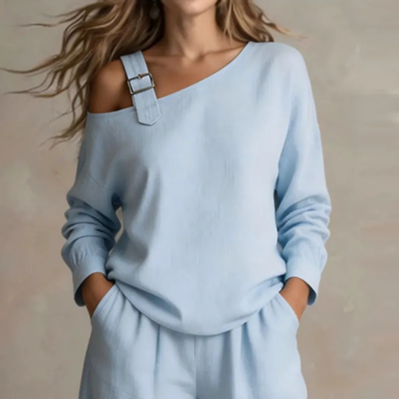 Women Off Shoulder Strap Buckle 2 Piece Sets Long Sleeve Slant Neck Loose Solid Pocket Wide Leg Pants Suit Casual Autumn Outfits