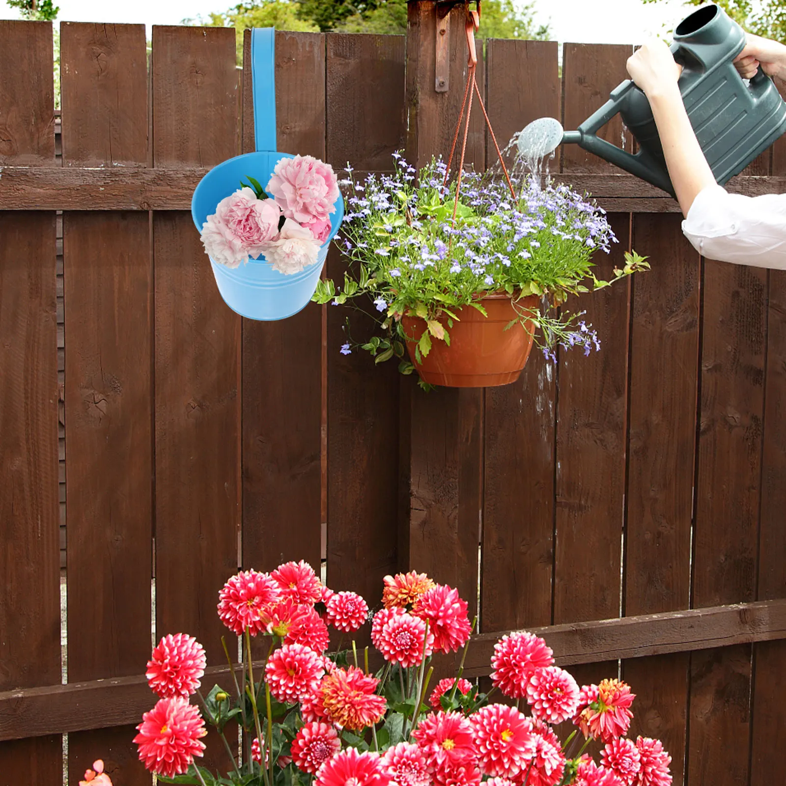 

2 Pcs Mini Hanging Buckets Tinplate Blue Durable Smooth Suitable Fence Garden Balcony Plant Flowers Potted Baskets Gardening