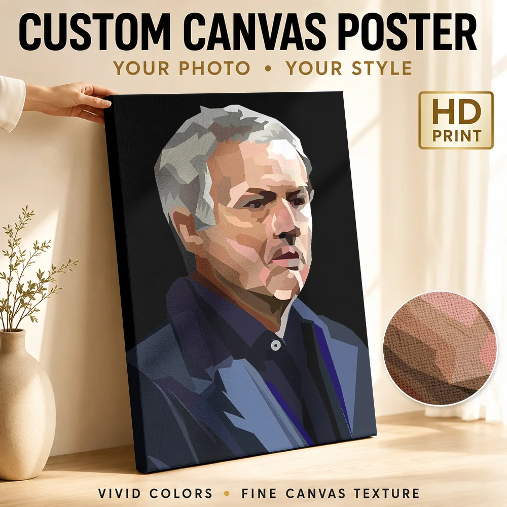 Jose Mourinho Portrait Framed Canvas Poster Customized Photo Multicolor Polygon Shapes Wall Art For Training Studio Coach Gift
