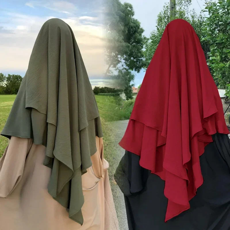 Longo Khimar Hijab Lenço Envoltório, 2 Camadas, Crepe Voile, Moda Muçulmana, Ramadan Oração Hijabs, Vestuário Islâmico, Atacado