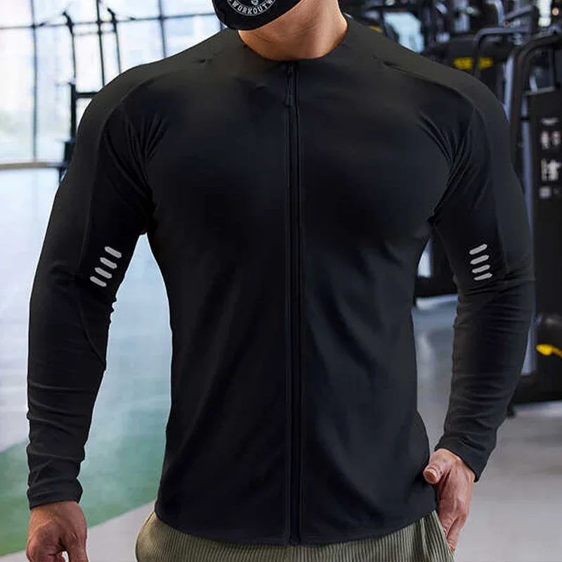 Jaqueta com zíper de proteção solar masculina, moletom com gola alta, roupa esportiva elástica, fitness, esportes, corrida, tops de compressão