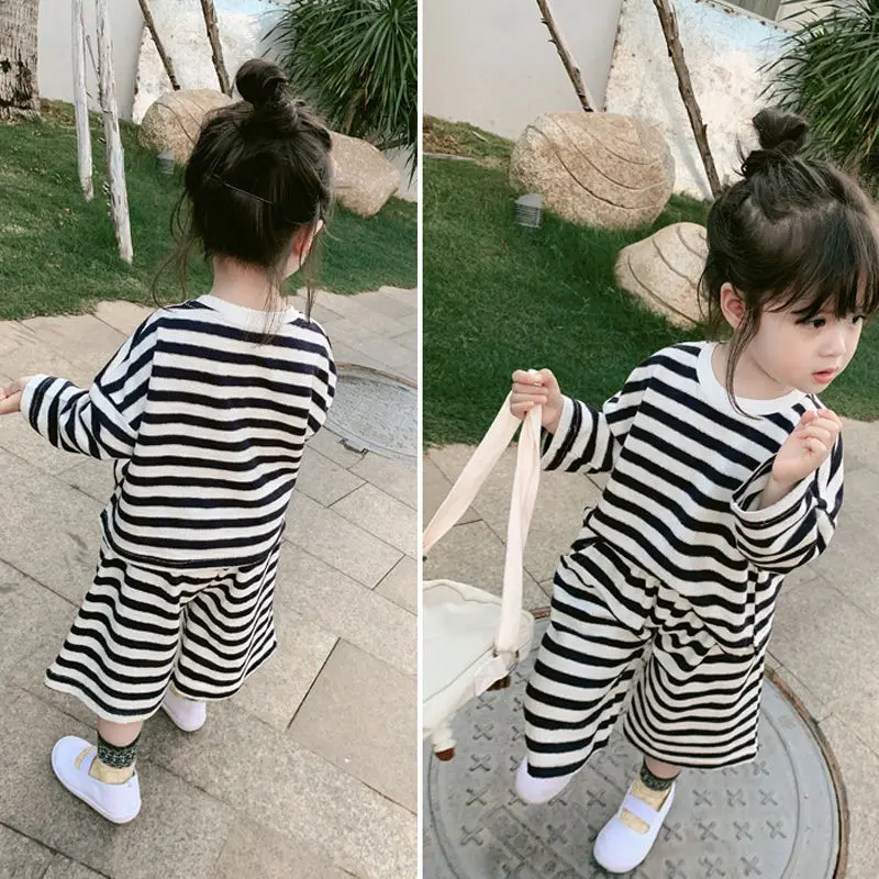 Girls Baby Striped Sets Children Loose Casual Cute Suit Spring Autumn New Kids Long-Sleeved Tops Sweatpants 2PCS 2-8 Years Old