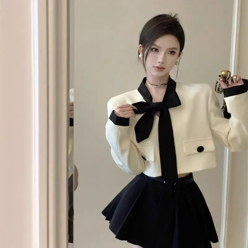 2024 Temperament Cropped Blazers Bow Tops Retro Slim Black Cake Skirts Beach Outfits for Women Chic Jacket Korean Style