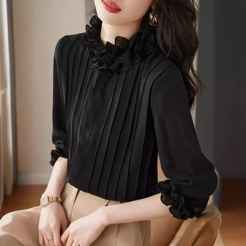 2024 French Vintage Palace Style Female Shirts Flounced Edge Design Woman Clothing Long Sleeves Solid Tops Fashion Women Clothes