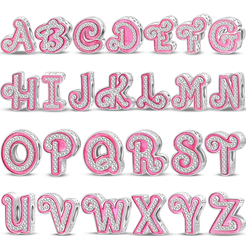 Breloques rose vif 26 lettres en argent sterling 925, perles pendentifs pour femmes, bracelets originaux de 3 mm, bijoux DIY, cadeau