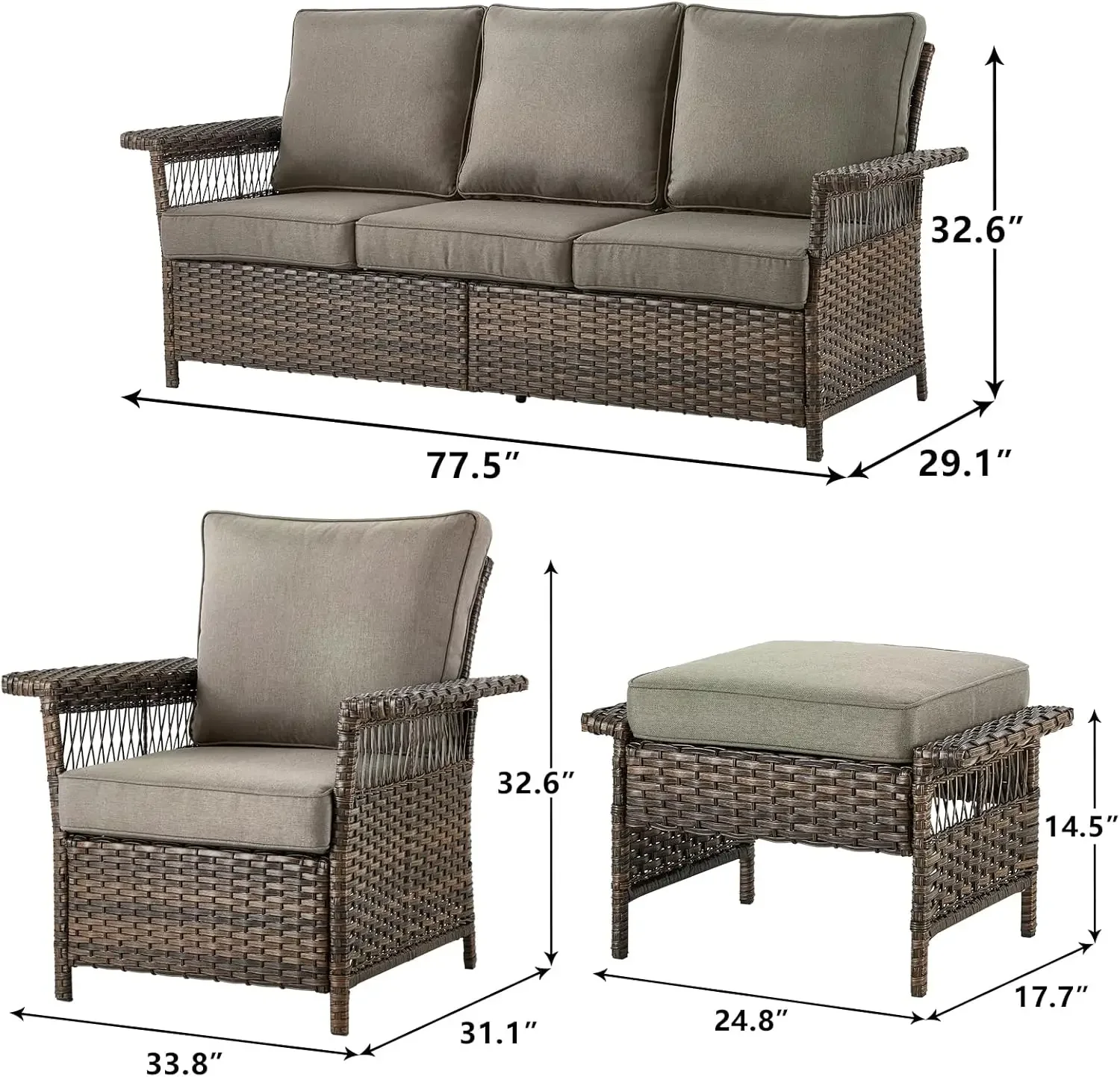 Outdoor Patio Furniture Set - 5 Piece Rattan Patio Conversation Sets with 2 Wicker Chairs,2 Ottomans and 1 Sofa for Porch Deck G