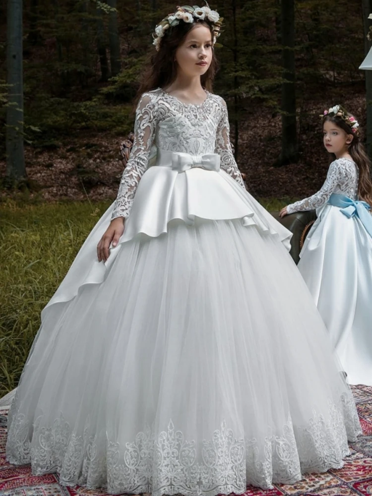 White Flower Girl Dresses Tulle Stain Puffy Appliques With Big Bow Long Sleeve For Wedding Birthday Party Banquet Princess Gowns