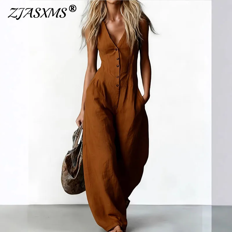 

Весенний винтажный комбинезон из хлопка и льна 2026 года, женский, с глубоким V-образным вырезом, на пуговицах, летний, без рукавов, с карманами, широкие штанины