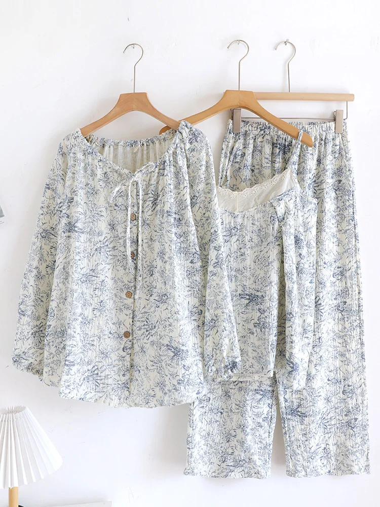 

Pure Cotton Spwear Set for Women Tee-Piece Thin Long Sve Nightgown with Lace Trim Home Clothes Set Spring Summer