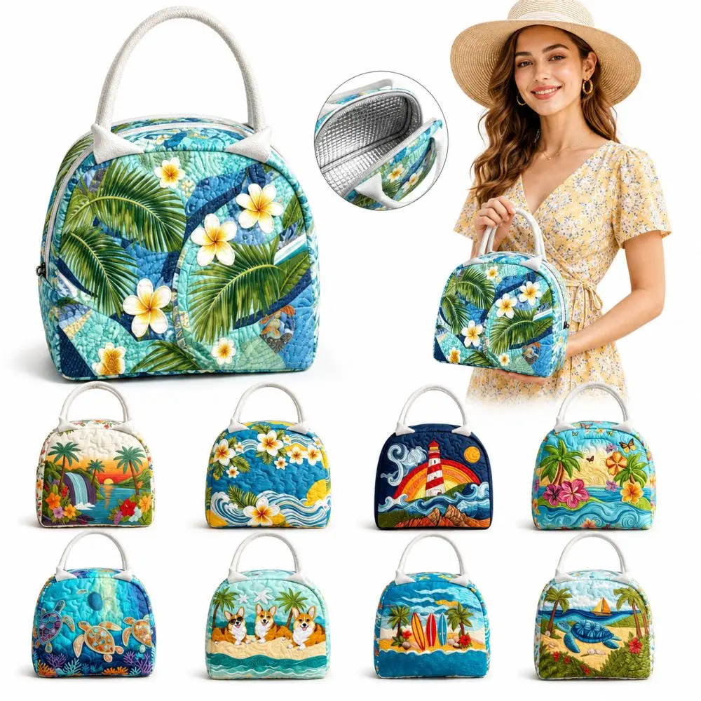 Vintage Quilted Insulated Lunch Bag Aluminum Foil Lightweight Picnic Tote Bag Versatile Large Capacity Lunch Box Handbag