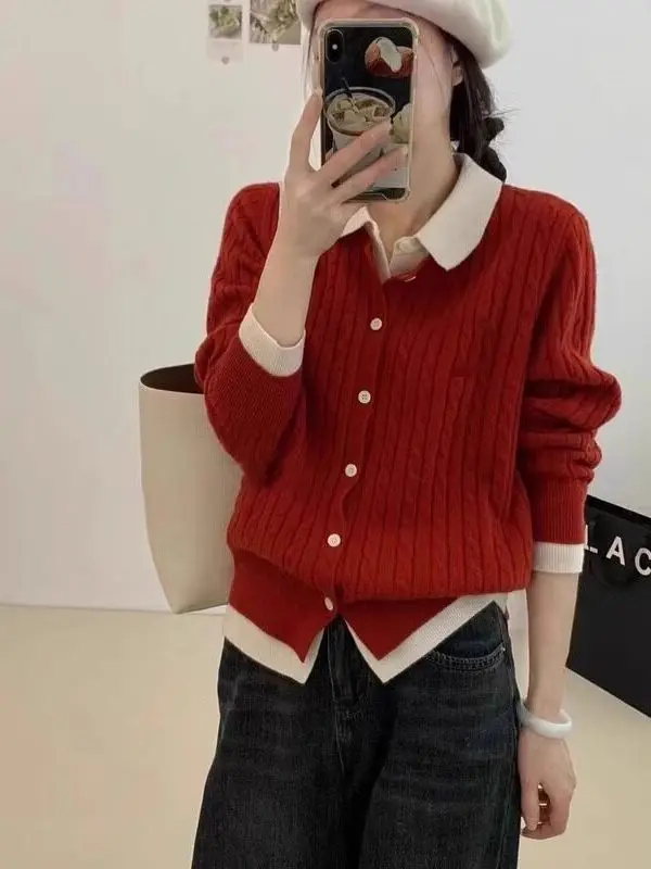 Gray Twisted Knit Sweater Cardigan Women's Autumn Winter  Collar Inner Shirt Fake Two-Piece Knitted Top Loose Fit Commute...