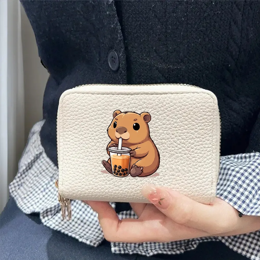 Women's Double-Zip PU Leather Short Purse Cute Hamster Pattern Milk Tea Print Multi-Card Compartments Coin Holder Short wallets