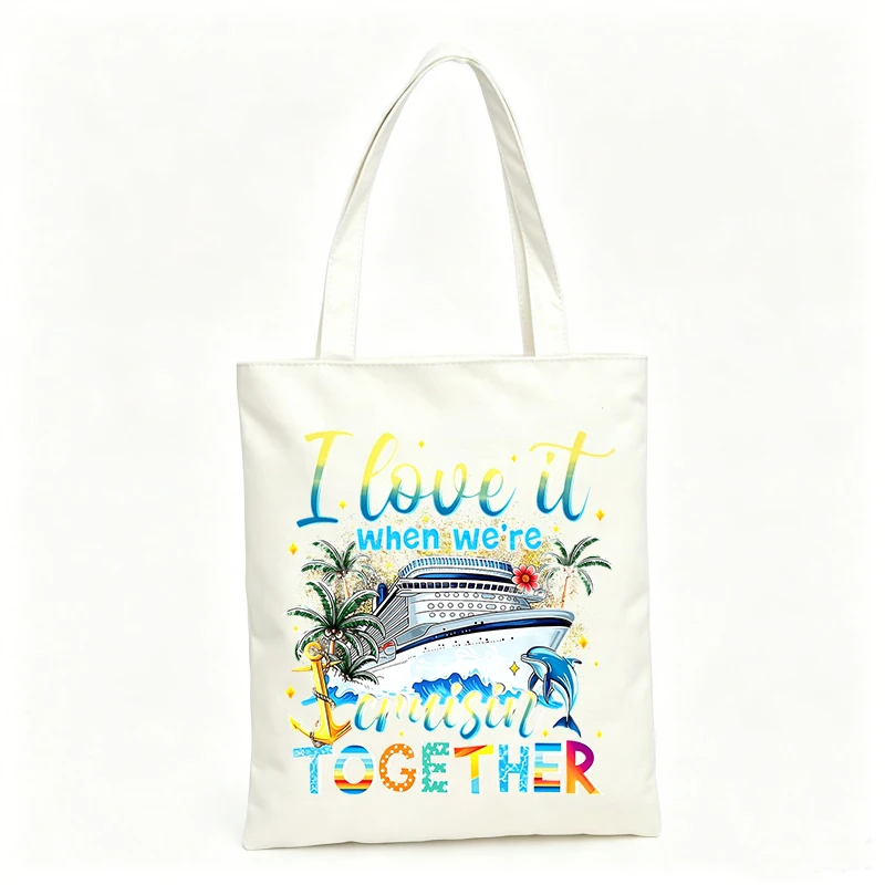 Women's canvas tote bag with cruise ship, palm tree and dolphin graphics, ideal for summer travel and casual outings