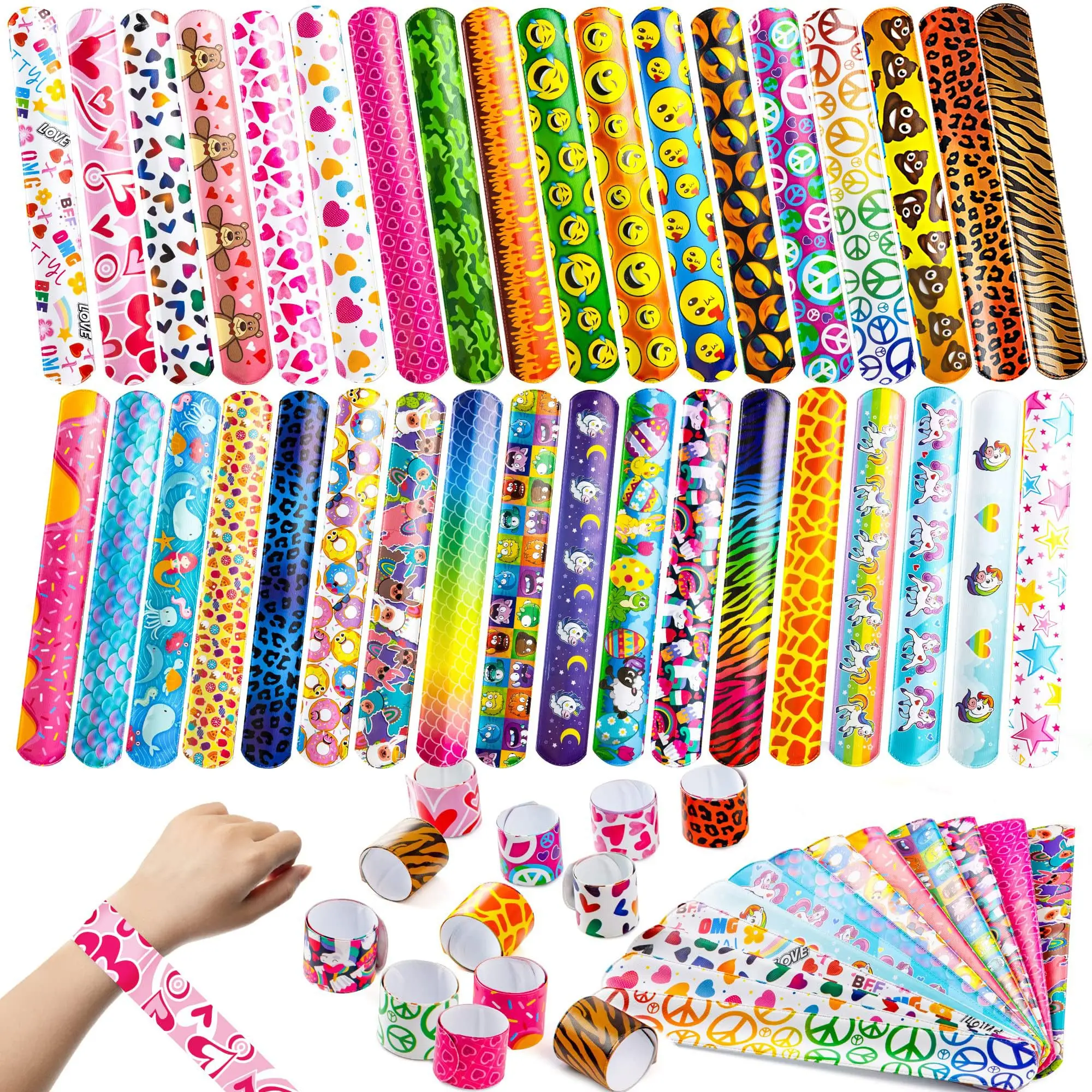 12pcs Cartoon Slap Bracelets Unicorn Dinosaur Patterns Slap Band Toys Kids Birthday Party Favors Boys Girls Prize Goodies Filler