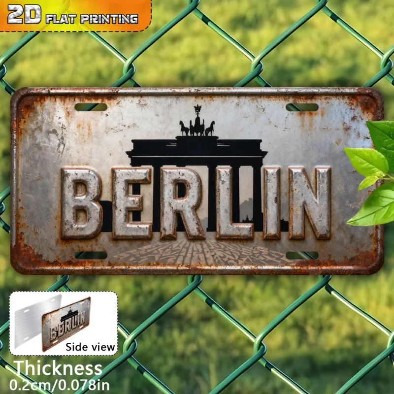 مسطح ثنائي الأبعاد، قطعة واحدة من بوابة برلين براندنبورغ العتيقة، لافتة معدنية من الألومنيوم الريفي مع فن التاريخ الألماني، متين في الهواء الطلق