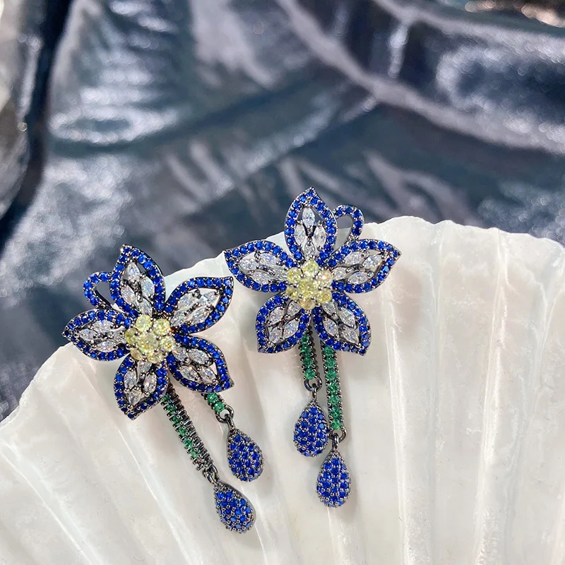 

Blue Flower Drop Earrings For Women 925 Silver Needle Luxury Dangle Stud Earring Fine Jewelry Cubic Zircon Party Accessories