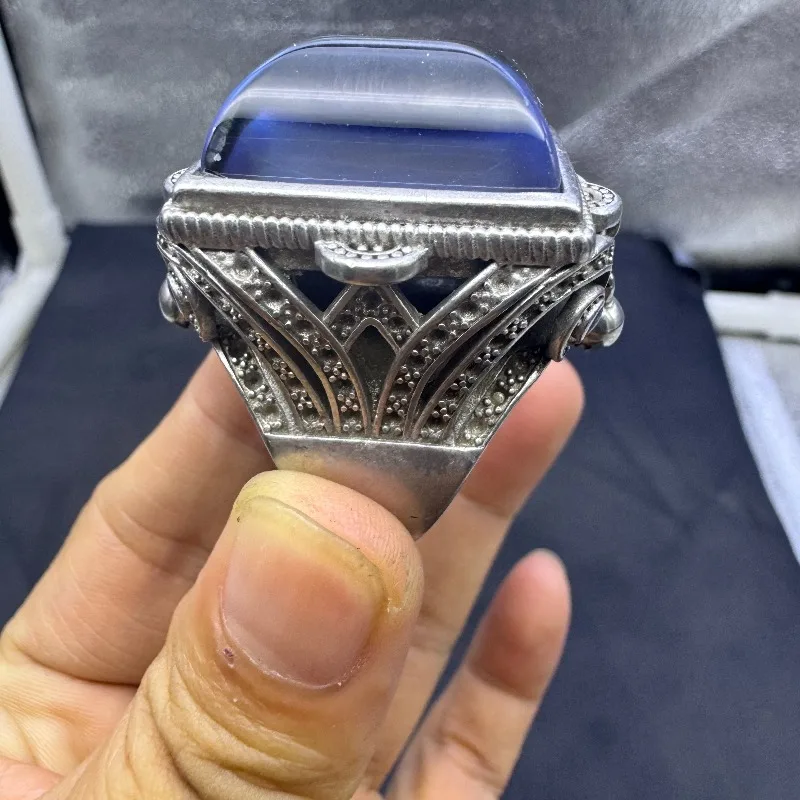 Vintage Qing Style Hollow Open Mood Ring, Antique Square Silver Inlaid Multi-Color Temperature Sensing Finger Jewelry
