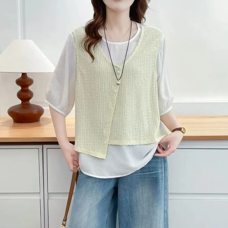 Women Fake Two Piece Patchwork Short Sleeve Top Textured Vest Loose Hide Belly Korean Style Summer Casual T Shirt