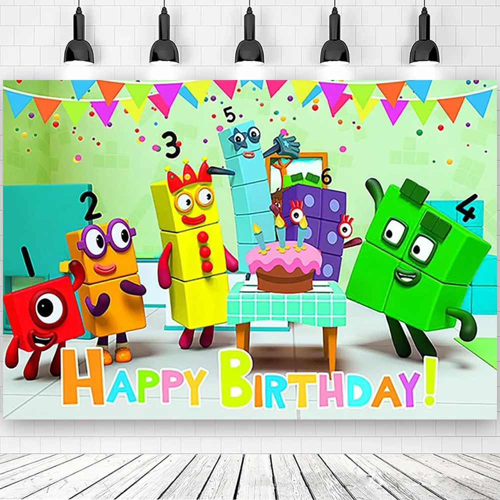 Cartoon Number Building Blocks Birthday Party Custom Decorate Disposable Tableware Banner Baby Puzzle Shower Photography props