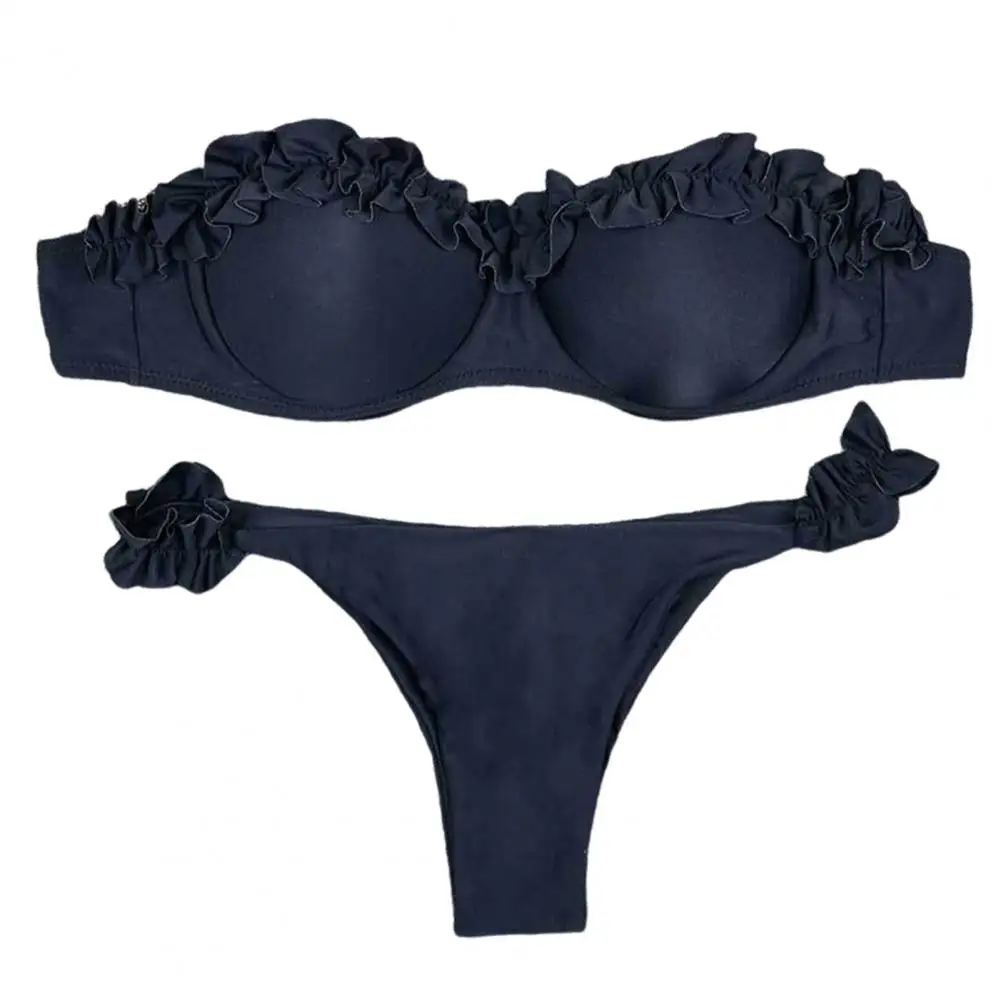 Two-piece Swimsuit Women’s Ruffle Trim Bikini Set Push Up Bandeau Swimwear Mid-rise Briefs Thong Split Design Summer Swimsuit