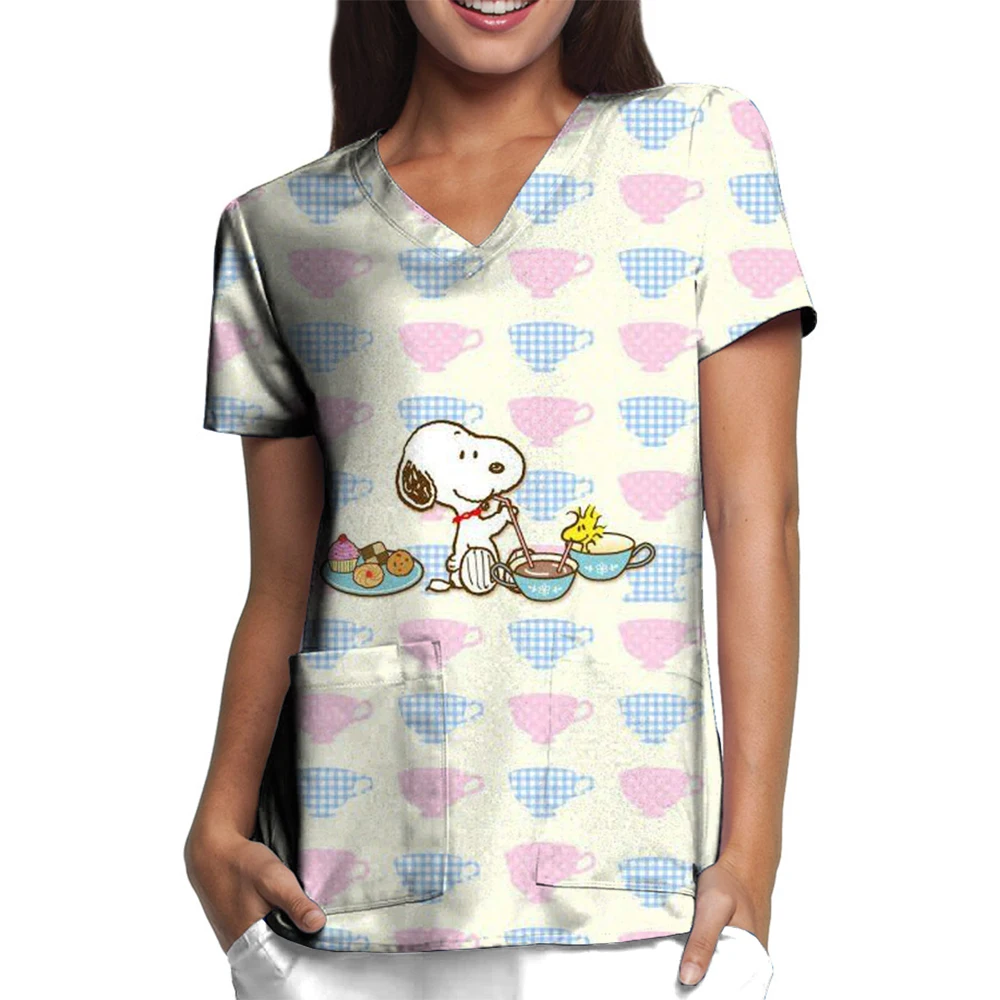 Snoopy print Pet Hospital Work Clothes Women's Short-sleeved Tops Stretch Nurse Uniform Dental Clinic V-neck Surgical Gown cute