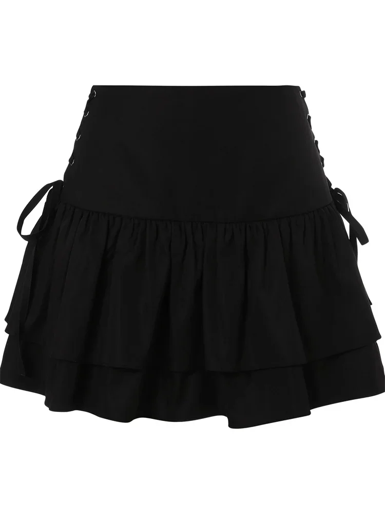 Y2K Aesthetic Ruffle Mini Skirt Women High Waist Criss Cross Tie Up A-Line Short Skirt Solid Color 90S Aesthetic E-Girl Skirts