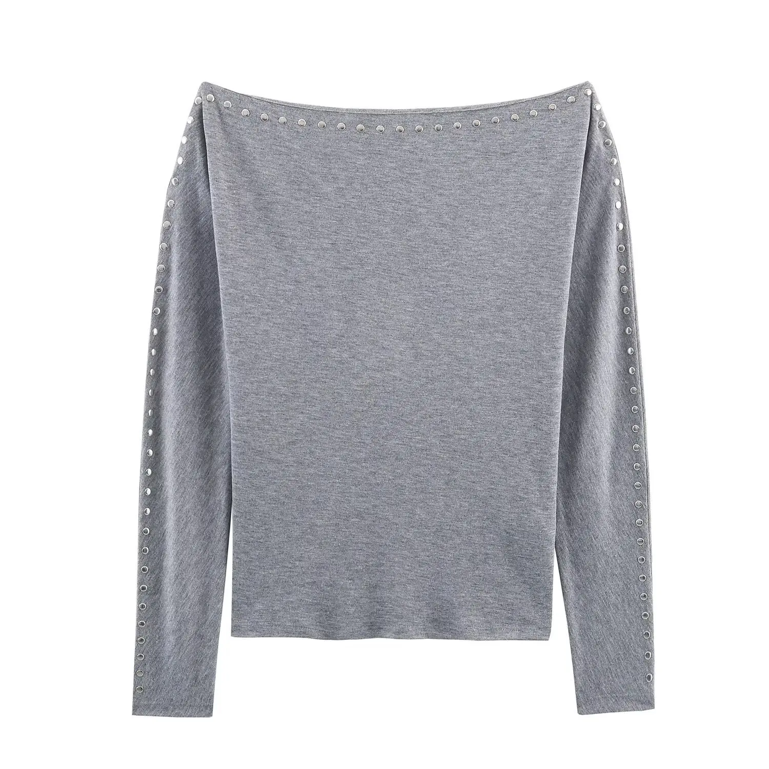 가을 여성용 스터드 장식 배트윙 슬리브 니트 풀오버 루즈 캐주얼 패션 레이지 롱슬리브 두꺼운 오프숄더 탑