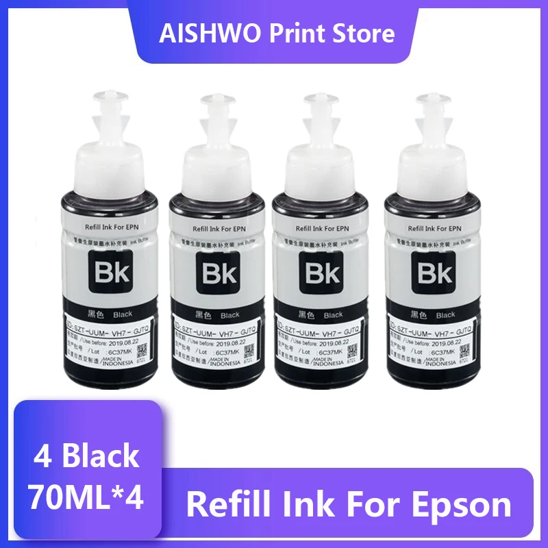 4*Black*70ml 4 Bottle Refill Ink For Epson L550 L555 L566 L100 L110 L132 L200 L210 L222 L300 L362 L366 Printer Ink Kit