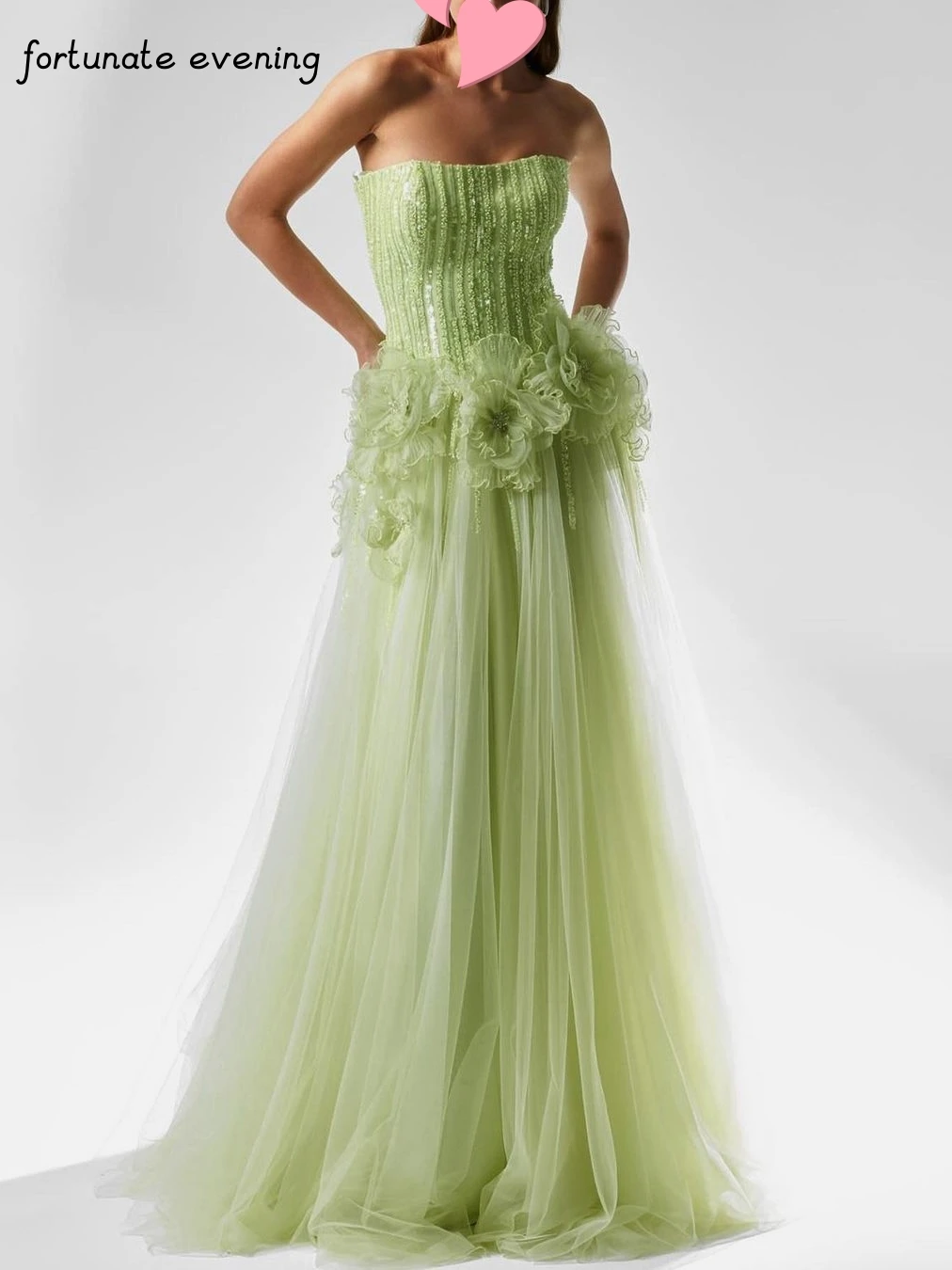 Fortunate Evening Elegant Vintage Sweet Green Beads Flower Stylish Ruffle Fashion Formal Occasion Prom Dress Evening Party Gowns