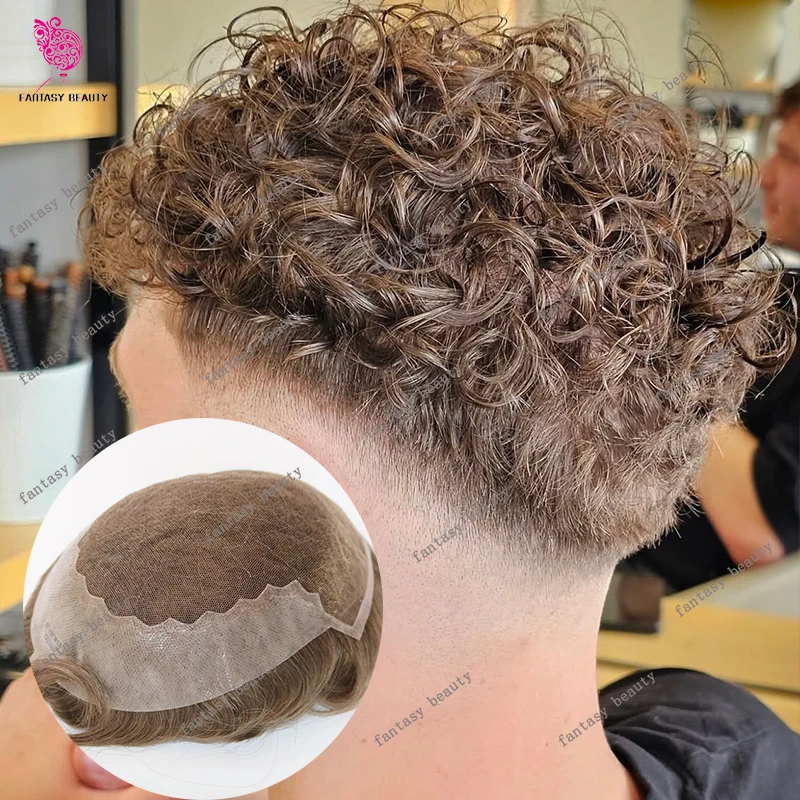 

Необнаружимые кружевные передние Q6, мужские блондинки, 20 мм, вьющиеся человеческие волосы, протези, прочные швейцарские кружева и искусственные отбеленные узлы, серые мужские шиньоны