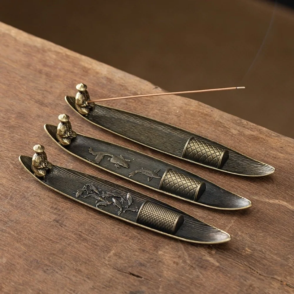 Boat Shape Incense Holder Metal Traditional Incense Burner Old Men Fishing Zen Style Incense Stick Burner Meditation Space