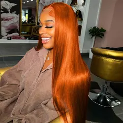 Perruque Lace Front Wig Naturelle Lisse Cheveux Orange, HD, 13x6, 13x4, Pre-Plucked, 30/36 Pouces, Densité 250, pour Femme