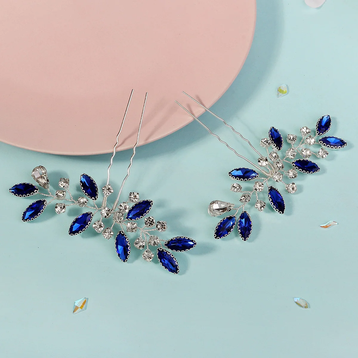 2PK/Set Romantic Blue Handmade Hairpin Luxury Rhinestone Unique Women's Hair Accessory Wedding Bridal Headwear image 4