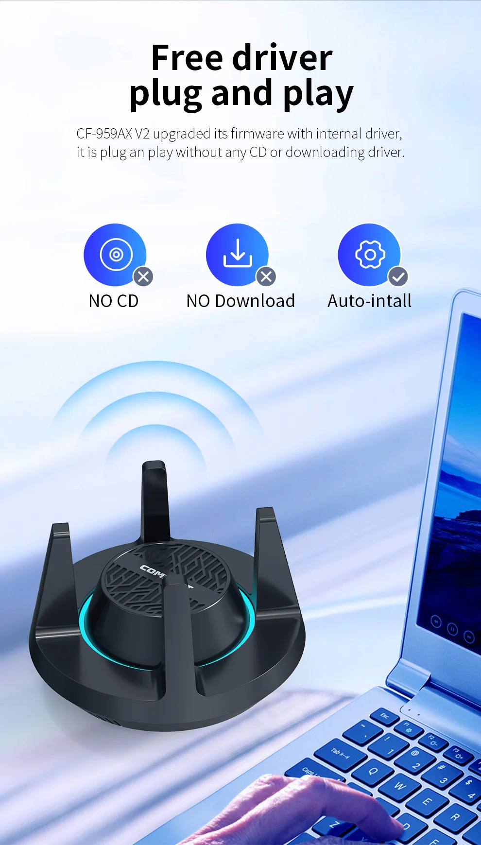 Comfast 1800Mbps WiFi6 ไดรฟ์การ์ดเครือข่าย USB3.0/2.0 Wifi Adapter 2.4/5.8G Dual-band Wifi Reciver 4 * 3dBi เสาอากาศ Win/LINUX
