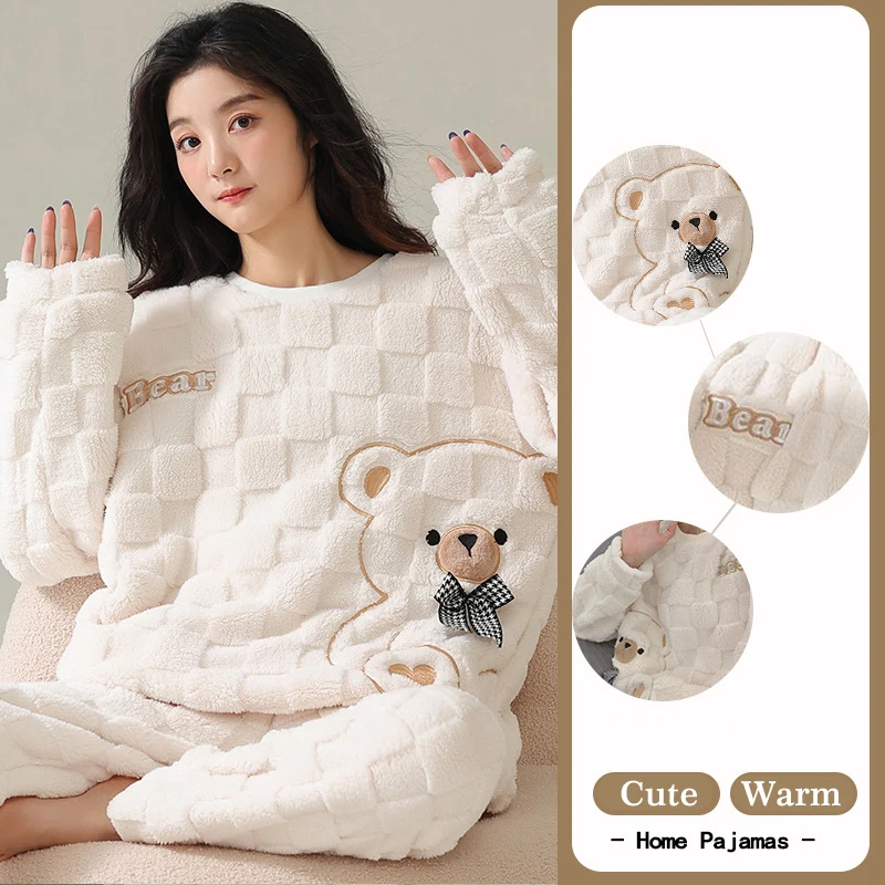 INS Japan Bear  Autumn Winter Warm Flannel Women Pyjamas Sets Thick Coral Velvet Soild Fleece Sleepwear Casual Flannel Homewear