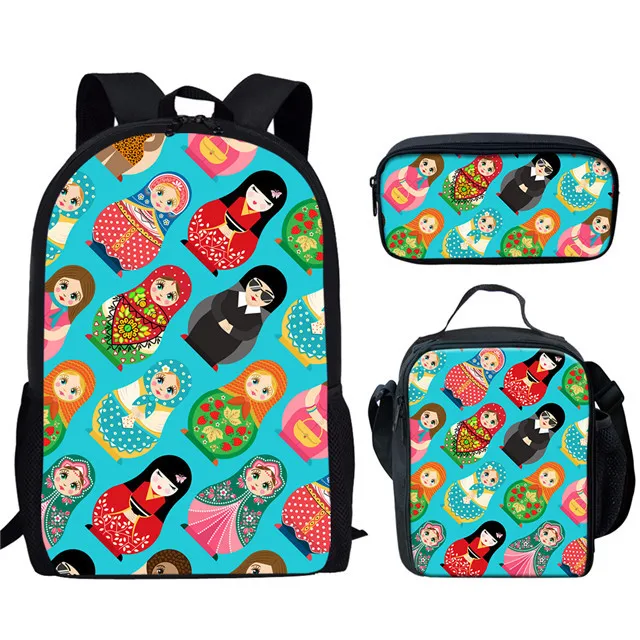 Creative Funny Russian Dolls 3D Print 3Pcs/Set Student School Bag with Lunch Bag Pencil Bag Teenager Kids Daily Casual Backpack