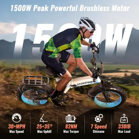 Folding Electric Bike 20 Inch Fat Tire 1500W Peak Motor 30MPH 70 Miles Range 20Ah Removable Battery 7 Speed UL Certified