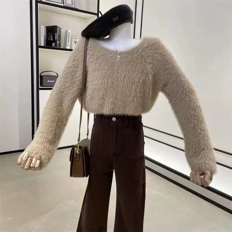 الموضة الكورية نمط الخريف المرأة طويلة الأكمام س الرقبة سستة متماسكة سترة الربيع الصلبة مثير البنطال القصير أنيقة رقيق تريكو #6